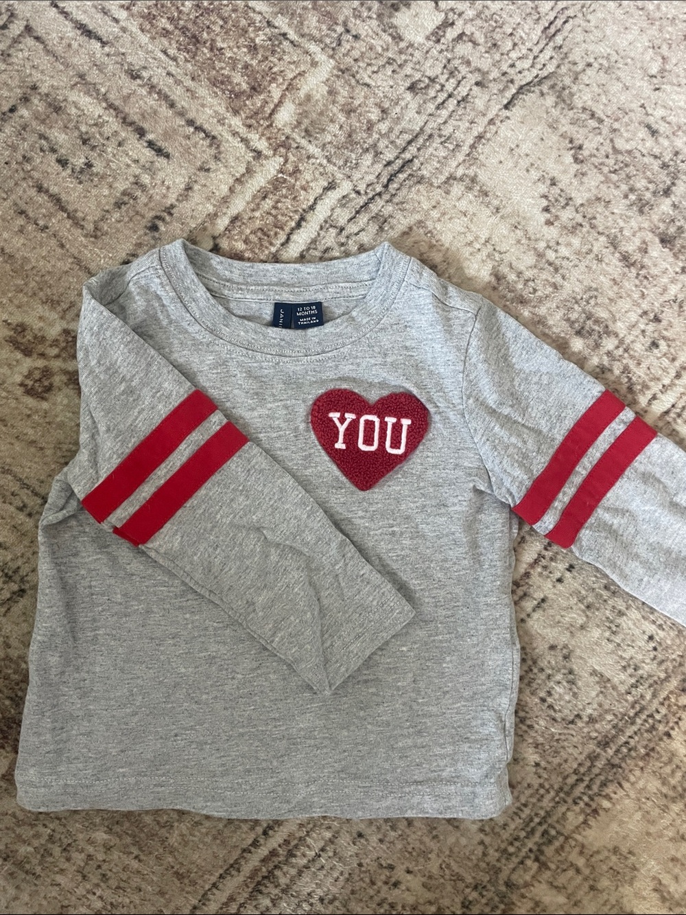 Janie & Jack 12-18 month Grey Long-Sleeve Top with Red Heart 'YOU' Detail